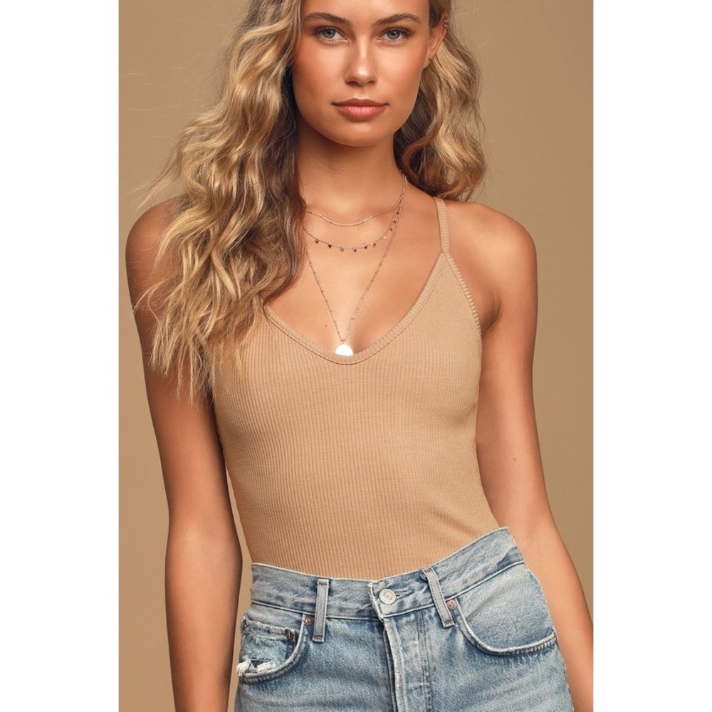 Lulus Basics Talula Tan Ribbed V-neck Cami Bodysuit Brown - Size L